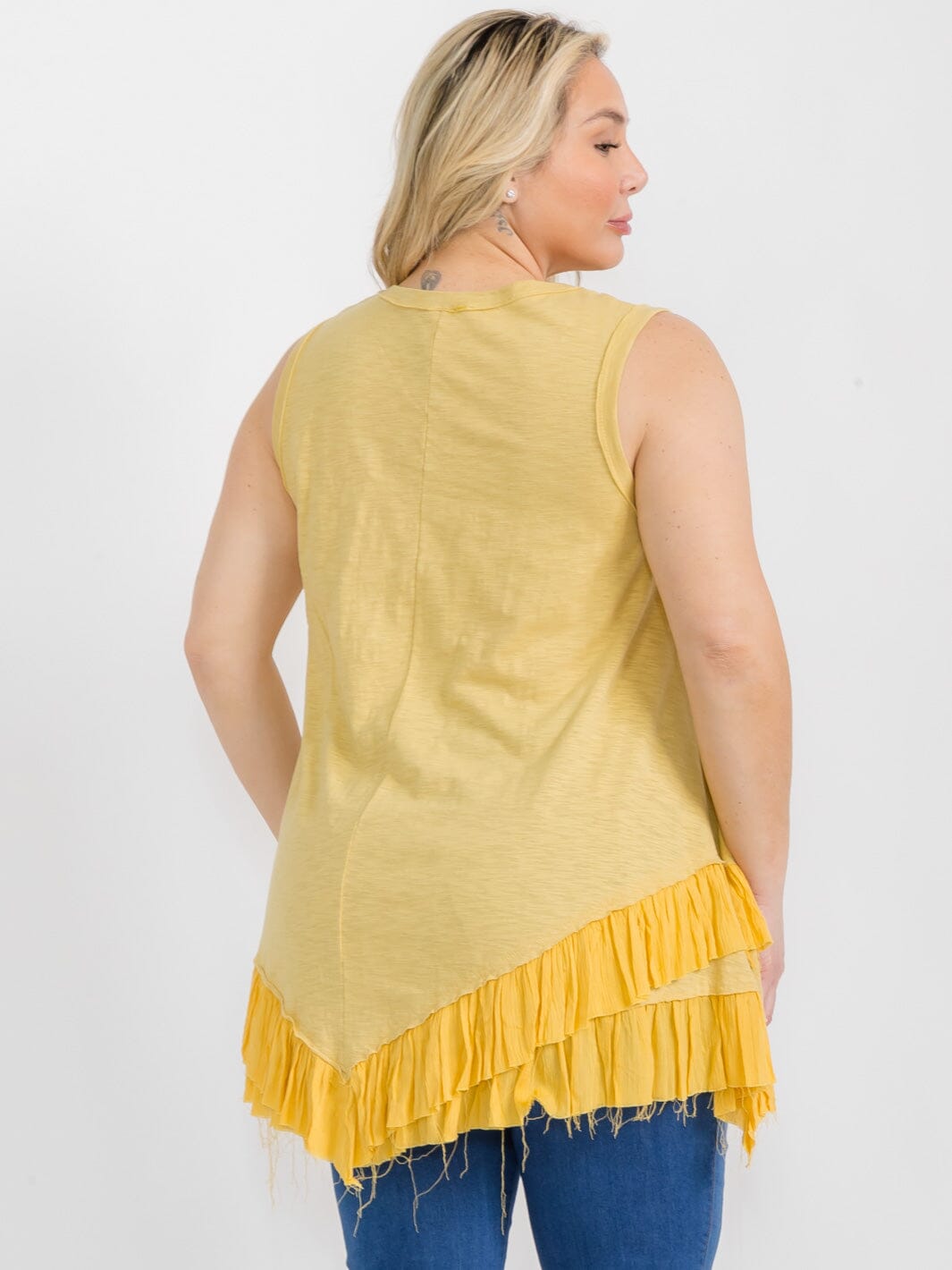 PLUS SIZE SLEEVELESS TIERED RUFFLE RAW EDGE TUNIC TANK TOP