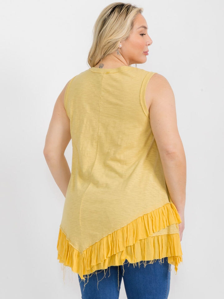 PLUS SIZE SLEEVELESS TIERED RUFFLE RAW EDGE TUNIC TANK TOP