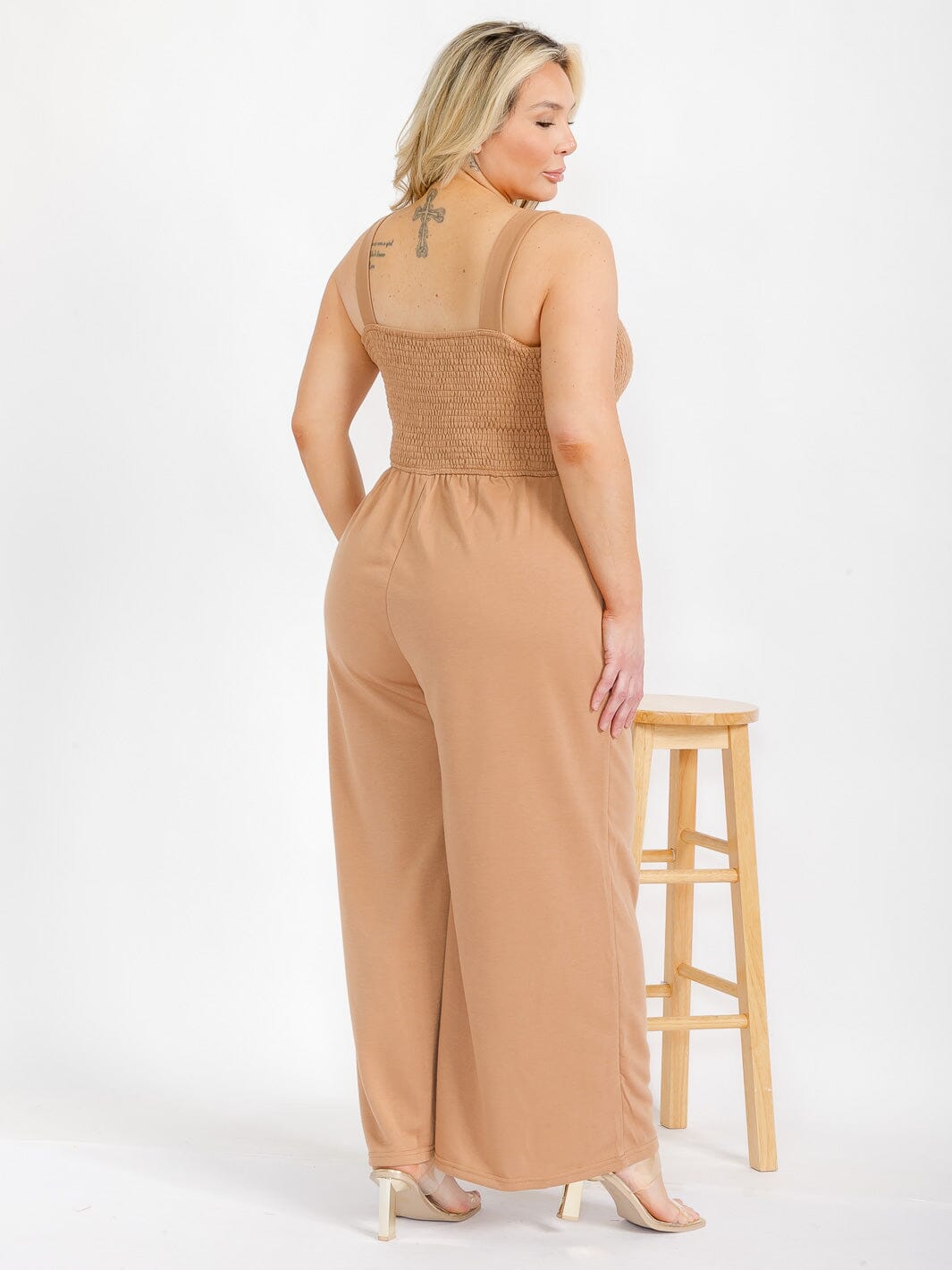 PLUS SIZE SLEEVELESS SQUARE NECK FRONT POCJETS SMOCK JUMPSUIT