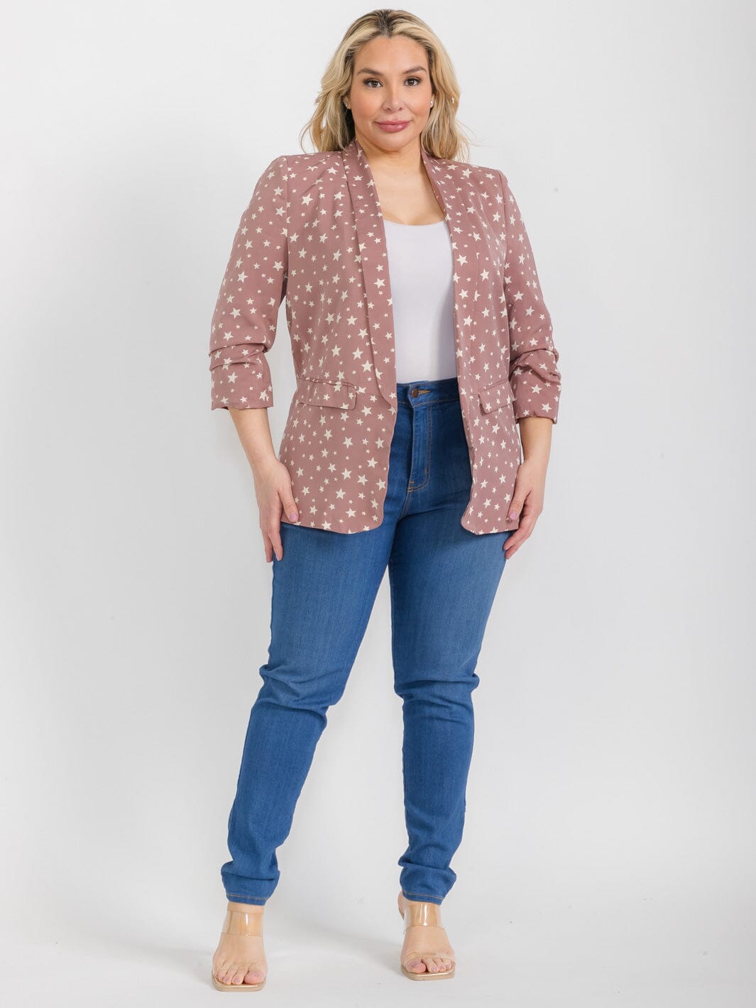 PLUS SIZE 3/4 SLEEVE OPEN FRONT POCKETS STARS PRINT BLAZER