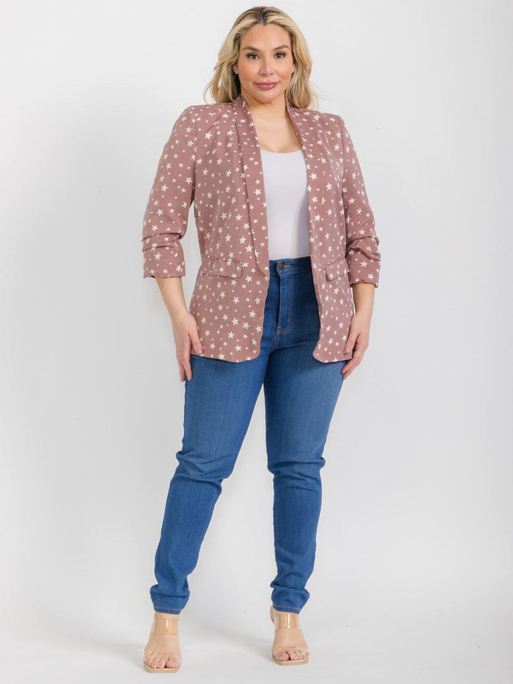 PLUS SIZE 3/4 SLEEVE OPEN FRONT POCKETS STARS PRINT BLAZER