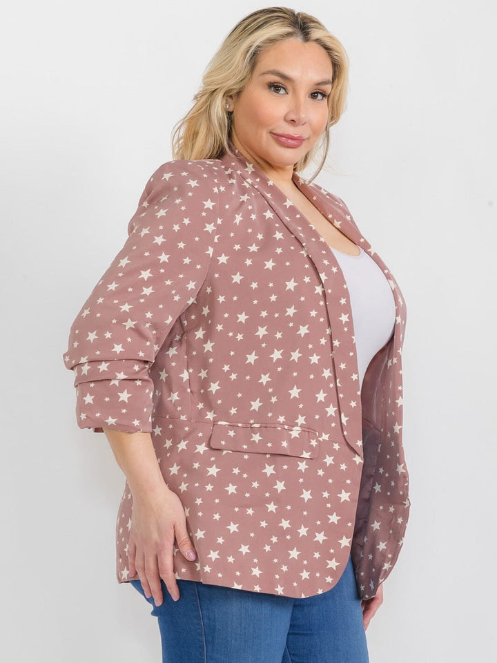 PLUS SIZE 3/4 SLEEVE OPEN FRONT POCKETS STARS PRINT BLAZER