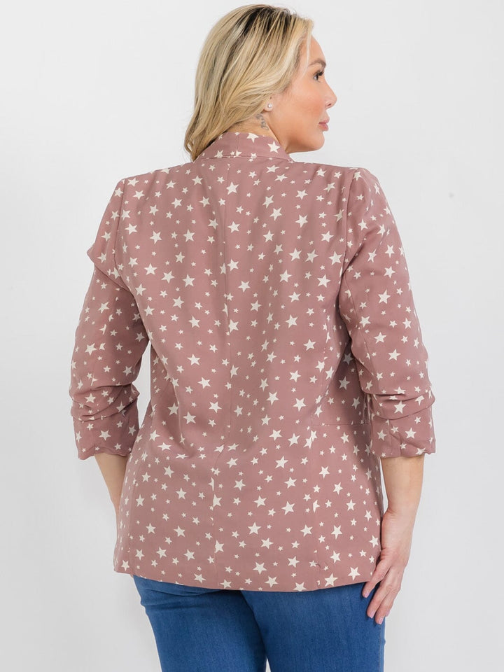 PLUS SIZE 3/4 SLEEVE OPEN FRONT POCKETS STARS PRINT BLAZER
