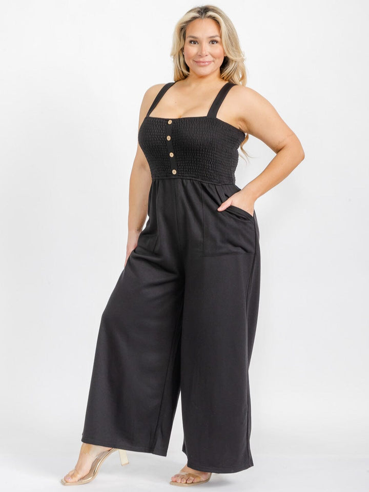 PLUS SIZE SLEEVELESS SQUARE NECK FRONT POCJETS SMOCK JUMPSUIT