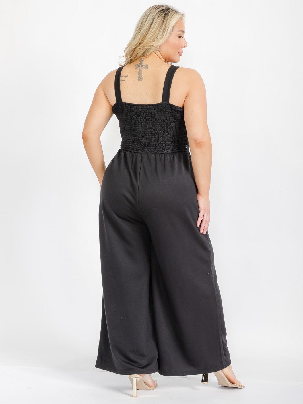 PLUS SIZE SLEEVELESS SQUARE NECK FRONT POCJETS SMOCK JUMPSUIT