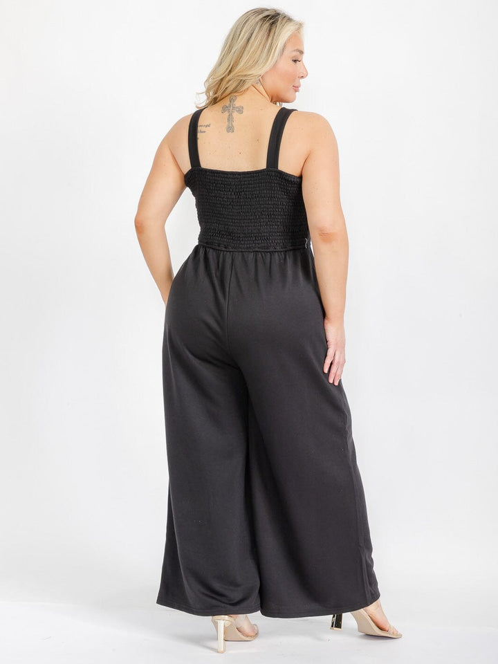 PLUS SIZE SLEEVELESS SQUARE NECK FRONT POCJETS SMOCK JUMPSUIT