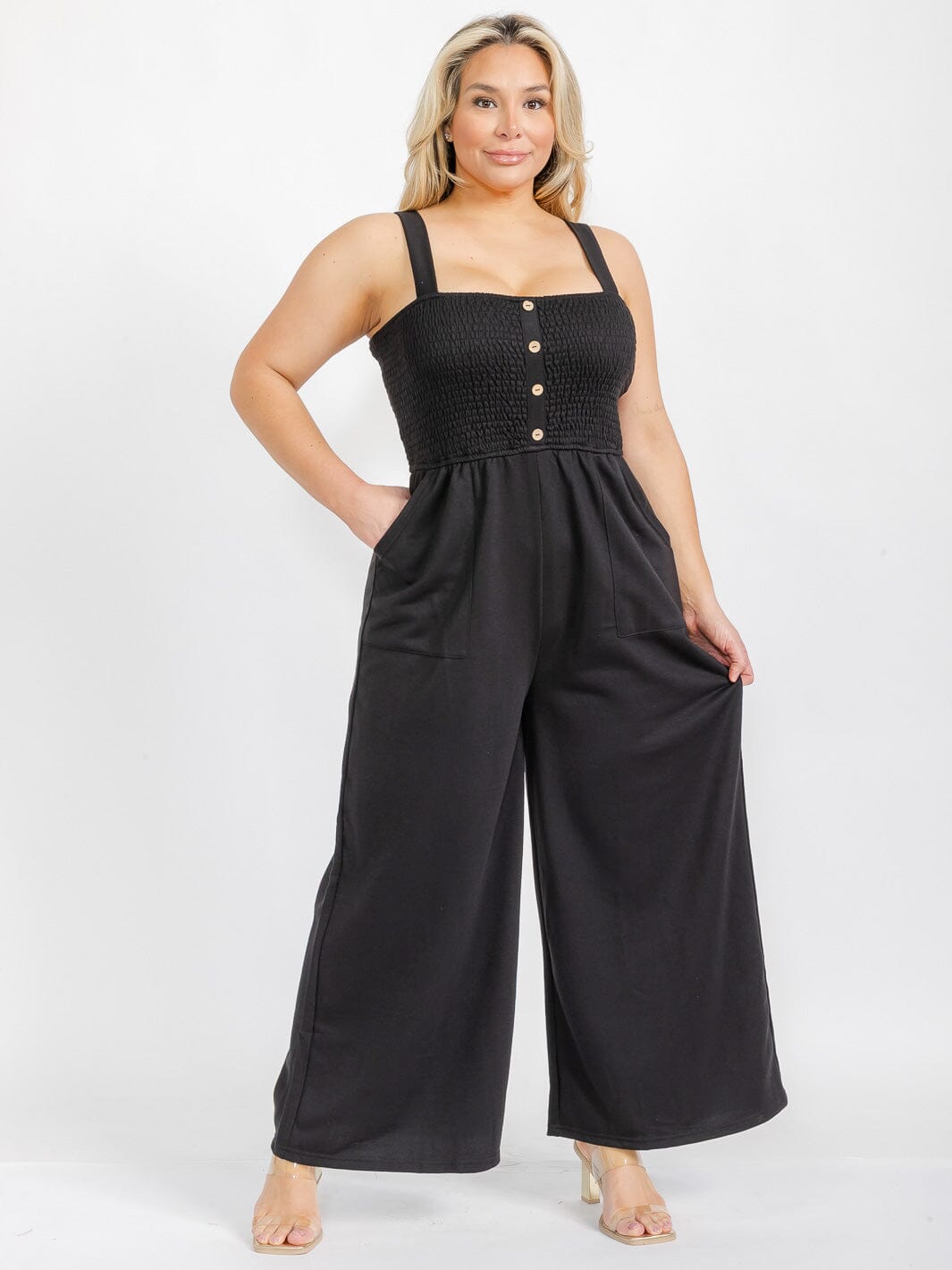 PLUS SIZE SLEEVELESS SQUARE NECK FRONT POCJETS SMOCK JUMPSUIT