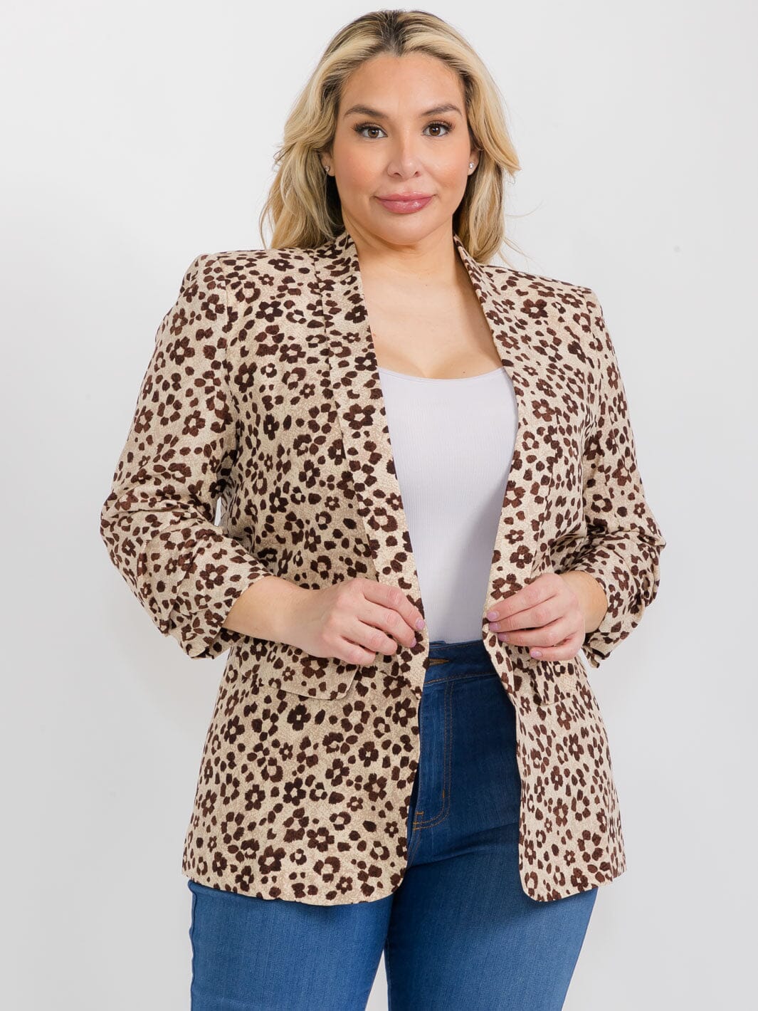 PLUS SIZE 3/4 SLEEVE OPEN FRONT FLORAL BLAZER