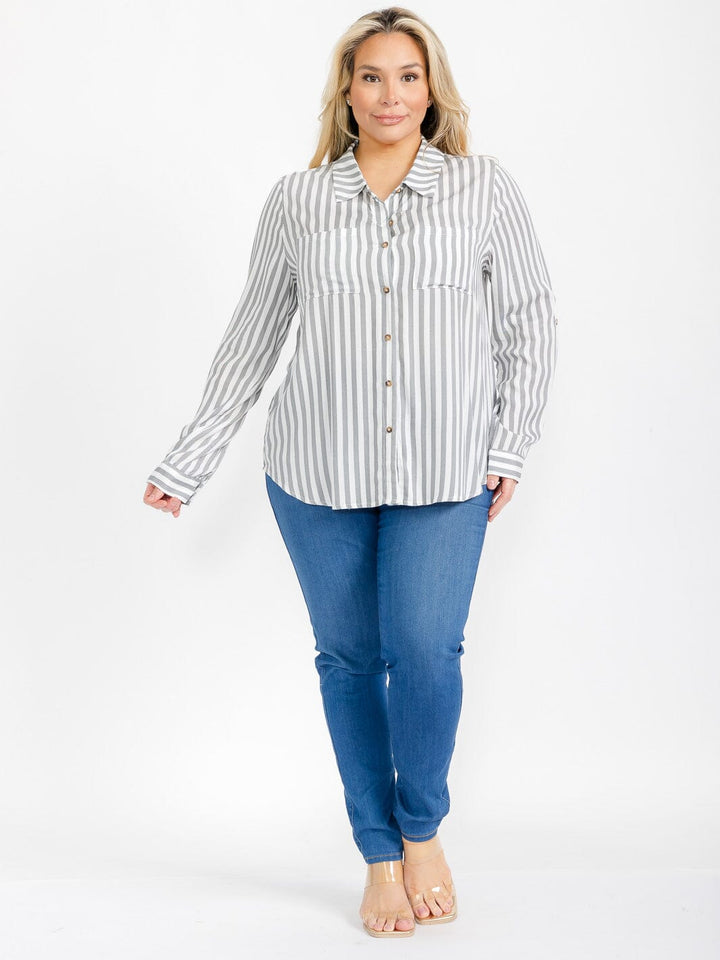 PLUS SIZE LONG SLEEVE V-NECK BUTTON CLOSURE STRIPES SHIRT