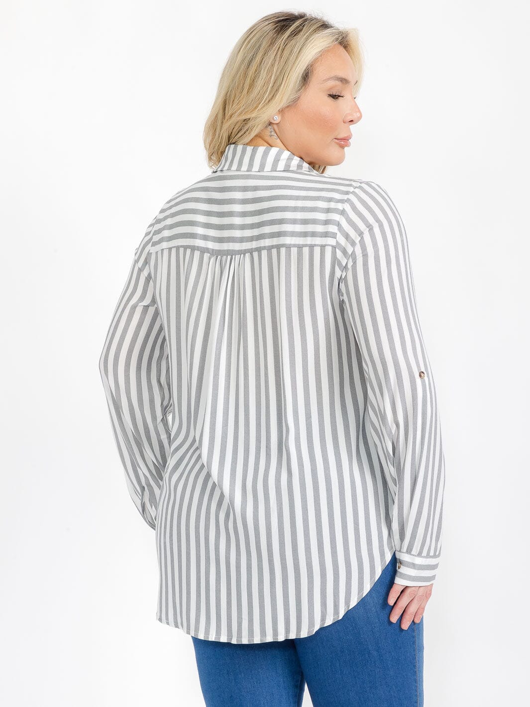 PLUS SIZE LONG SLEEVE V-NECK BUTTON CLOSURE STRIPES SHIRT