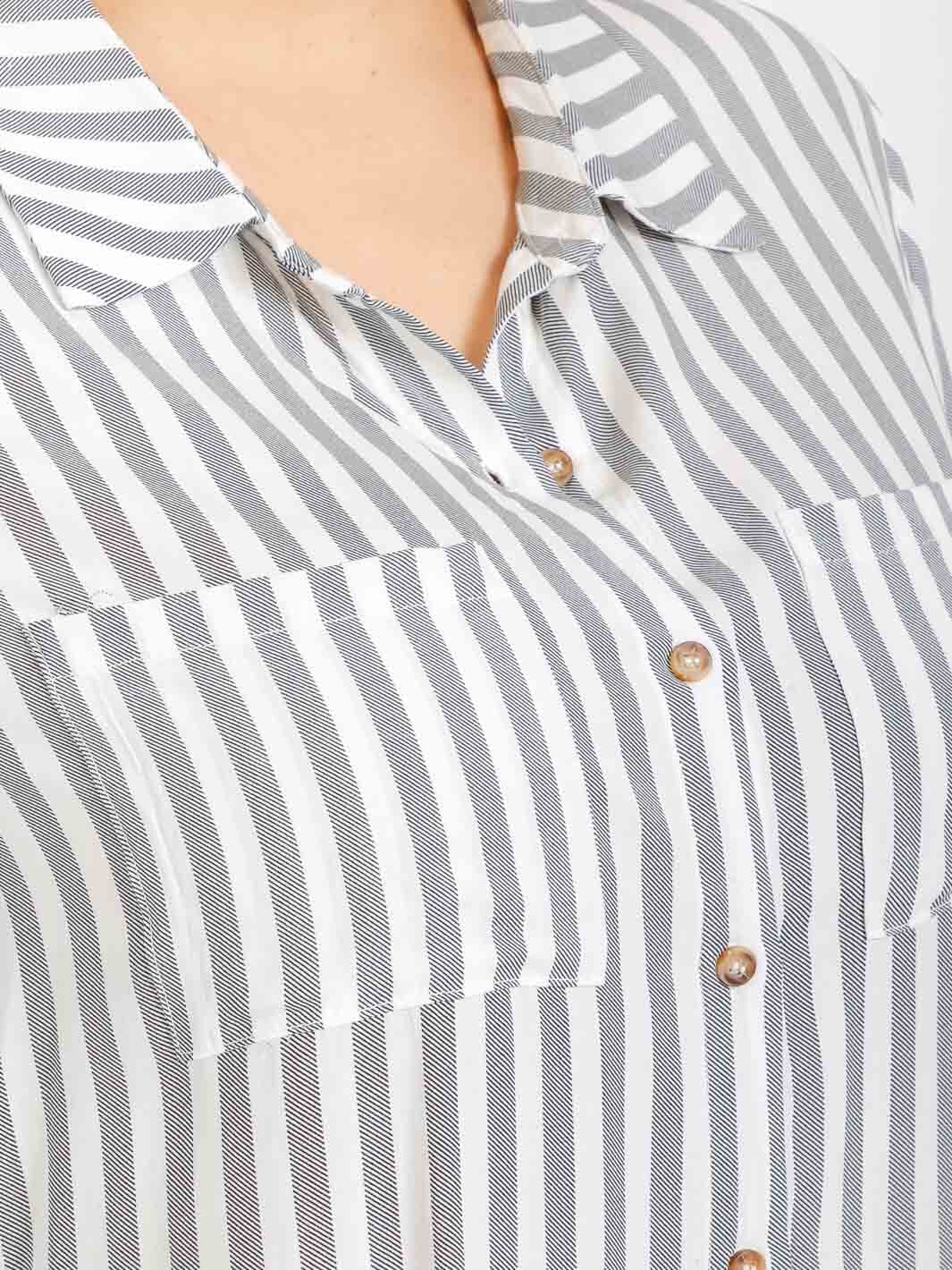 PLUS SIZE LONG SLEEVE V-NECK BUTTON CLOSURE STRIPES SHIRT