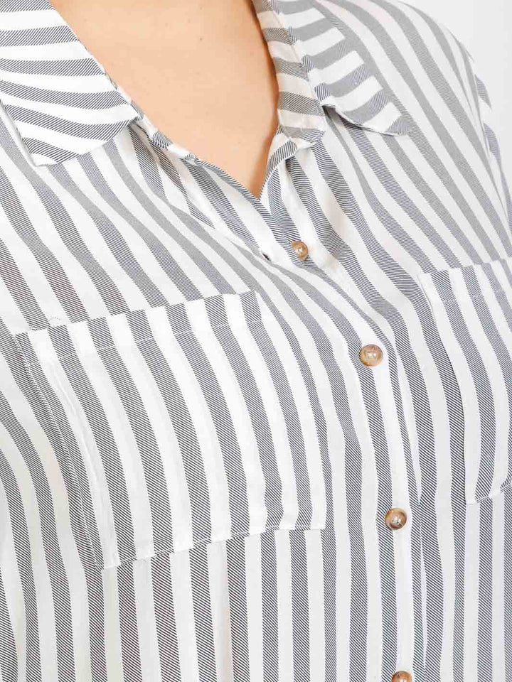 PLUS SIZE LONG SLEEVE V-NECK BUTTON CLOSURE STRIPES SHIRT