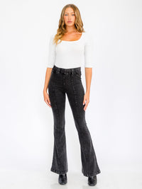 WOMEN'S ELASTIC WAIST BACK POCKETS BELL BOTTOM WASHED PANTS