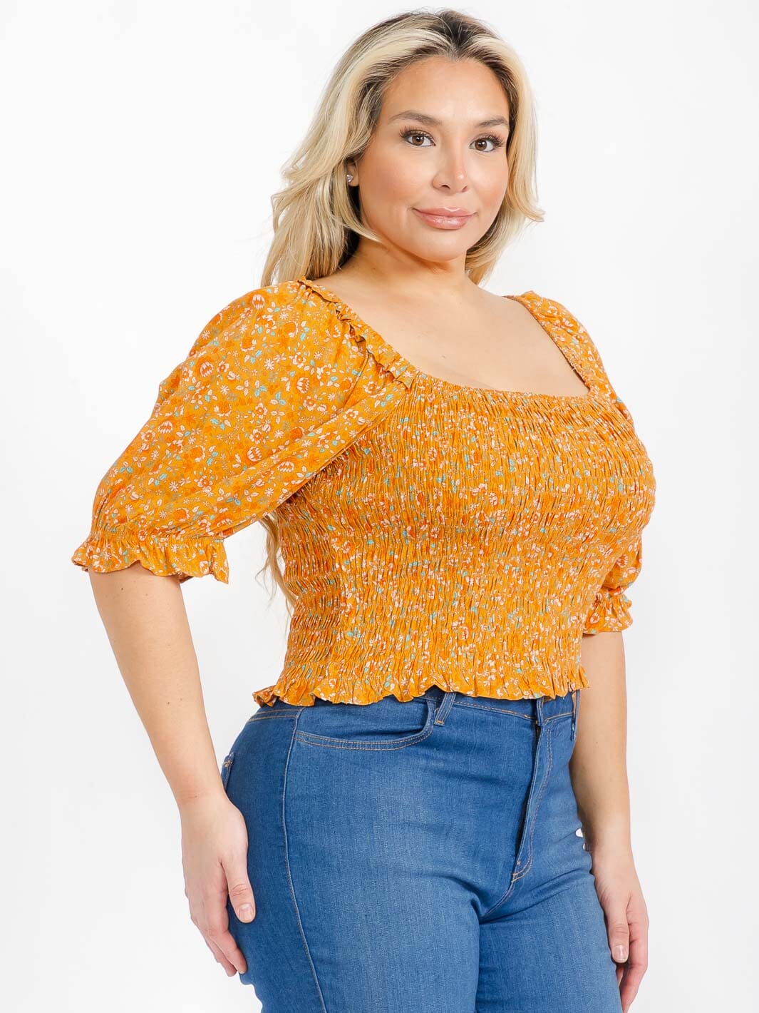 PLUS SIZE SHORT SLEEVE SQUARE NECK SMOCK FLORAL BLOUSE