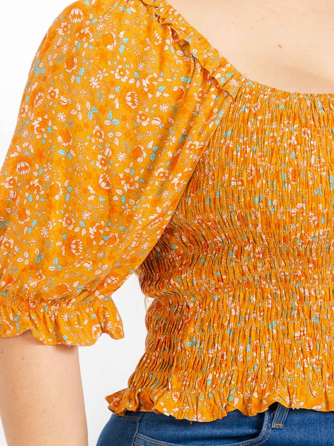 PLUS SIZE SHORT SLEEVE SQUARE NECK SMOCK FLORAL BLOUSE