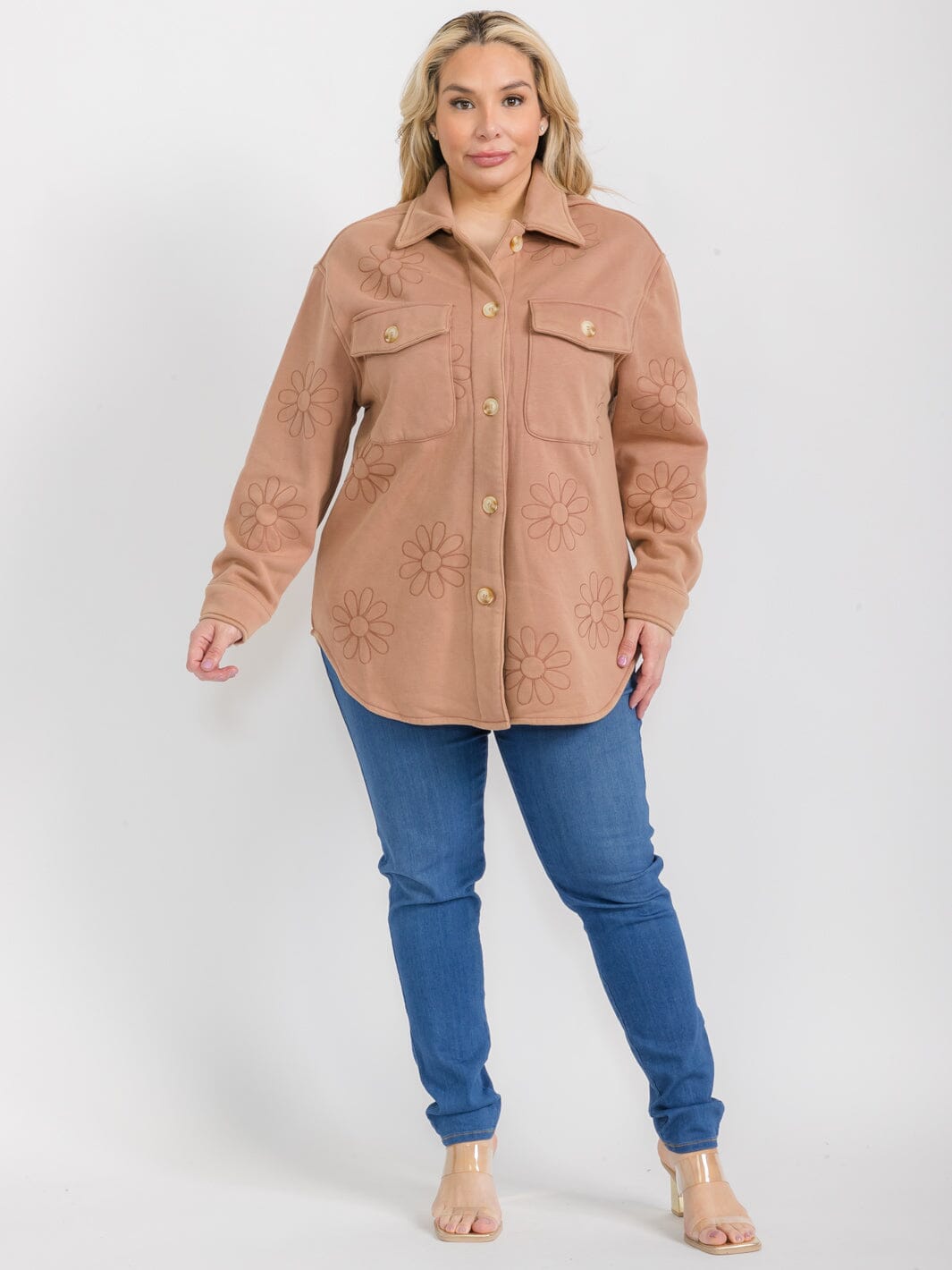 PLUS SIZE LONG SLEEVE BUTTON CLOSURE POCKETS FLOWER PRINT JACKET