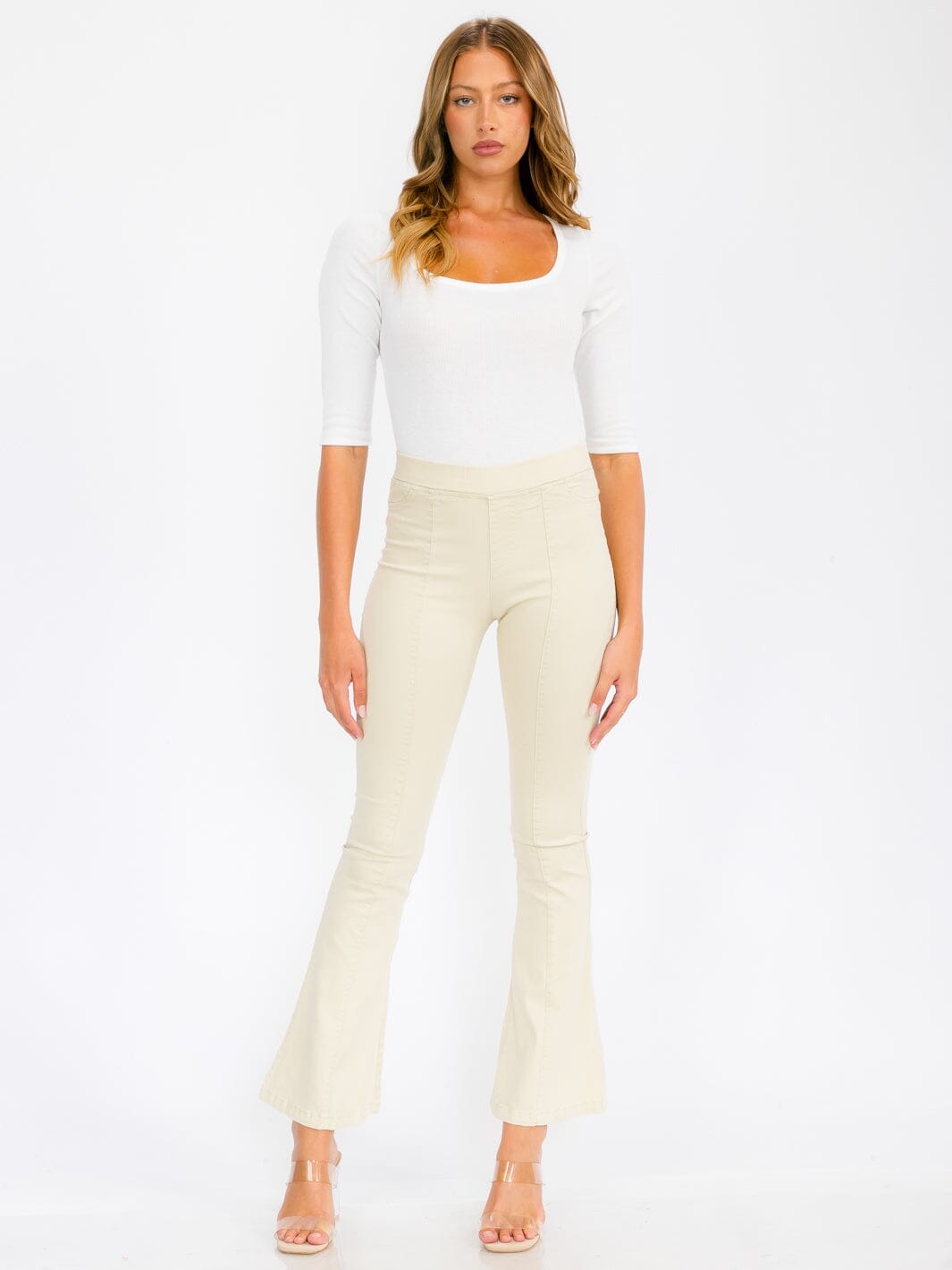WOMEN'S ELASTIC WAIST BACK POCKETS BELL BOTTOM PANTS