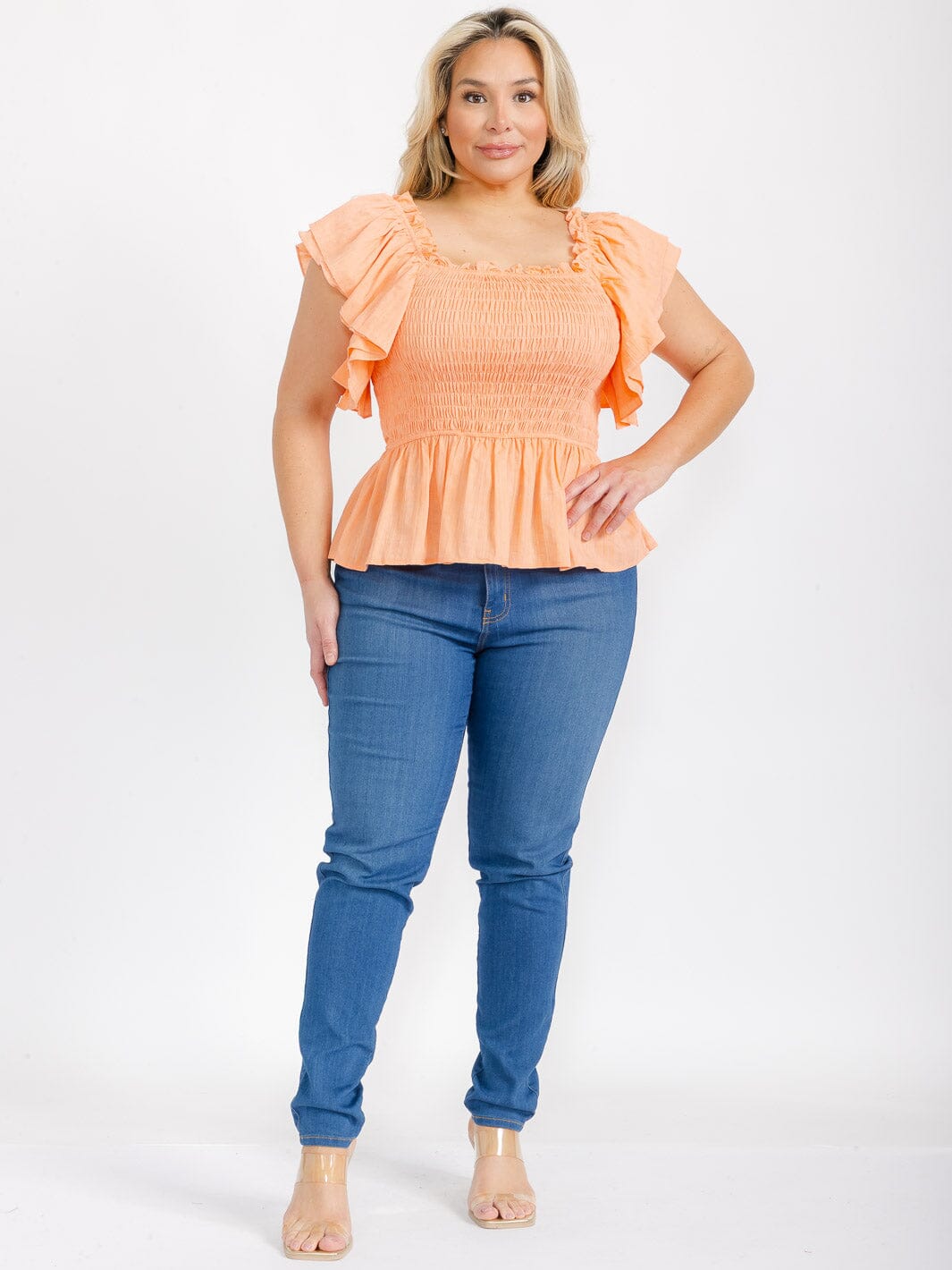 PLUS SIZE SHORT RUFFLE SLEEVE SQUARE NECK SMOCK PEPLUM BLOUSE