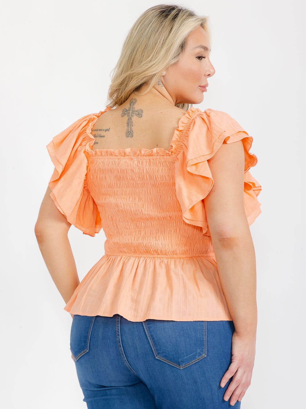 PLUS SIZE SHORT RUFFLE SLEEVE SQUARE NECK SMOCK PEPLUM BLOUSE