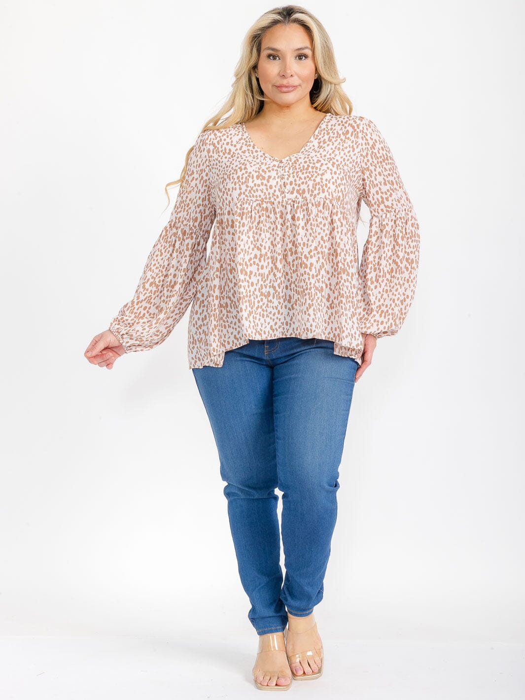 PLUS SIZE LONG SLEEVE V-NECK TUNIC ANIMAL PRINT BLOUSE