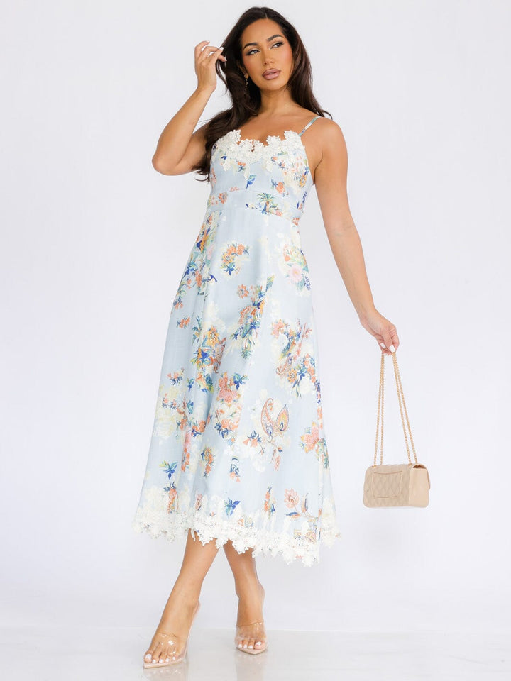 WOMEN'S SLEEVELESS EMBROIDERY TRIM FLORAL PRINT MAXI DRESS