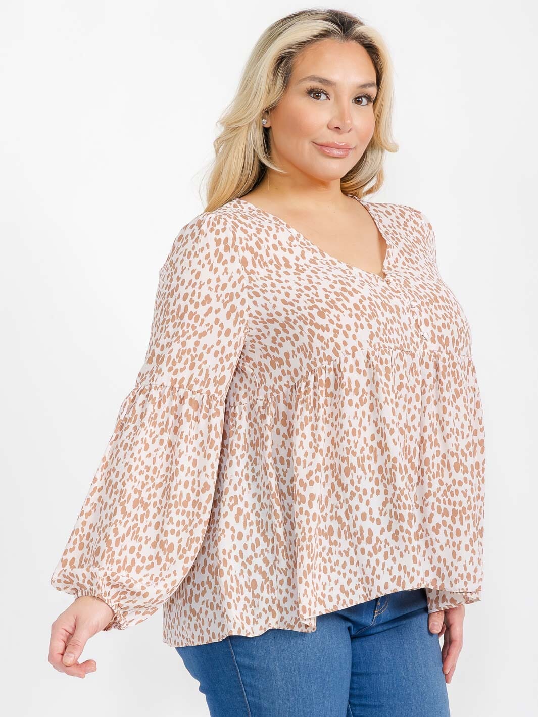 PLUS SIZE LONG SLEEVE V-NECK TUNIC ANIMAL PRINT BLOUSE