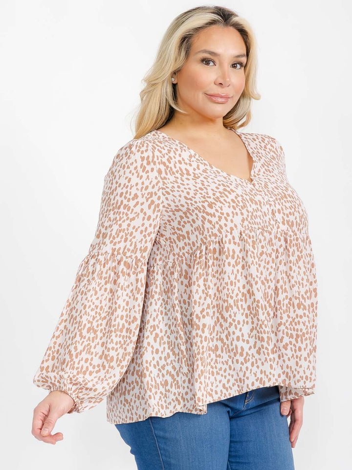 PLUS SIZE LONG SLEEVE V-NECK TUNIC ANIMAL PRINT BLOUSE