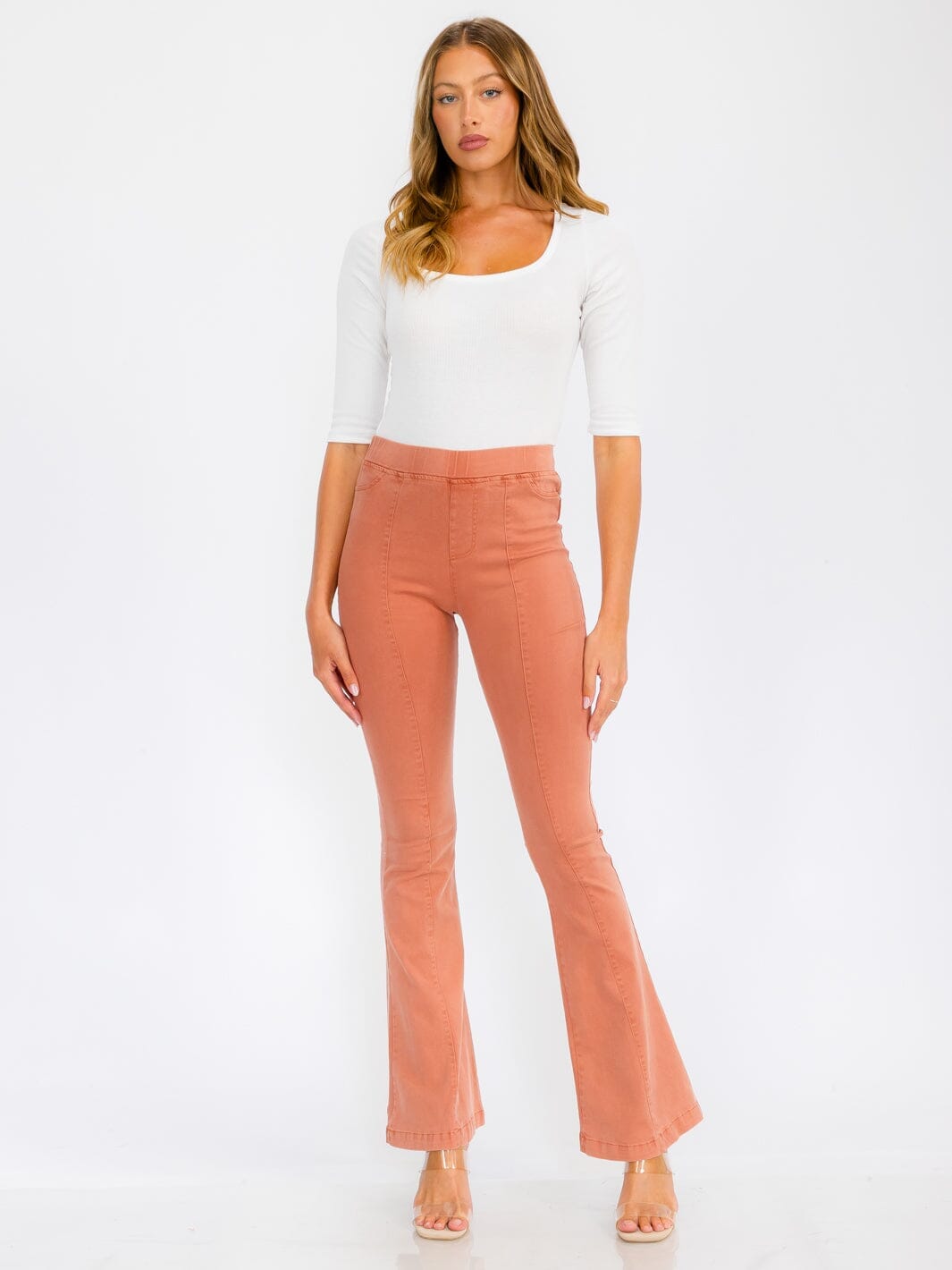 WOMEN'S ELASTIC WAIST BACK POCKETS BELL BOTTOM PANTS