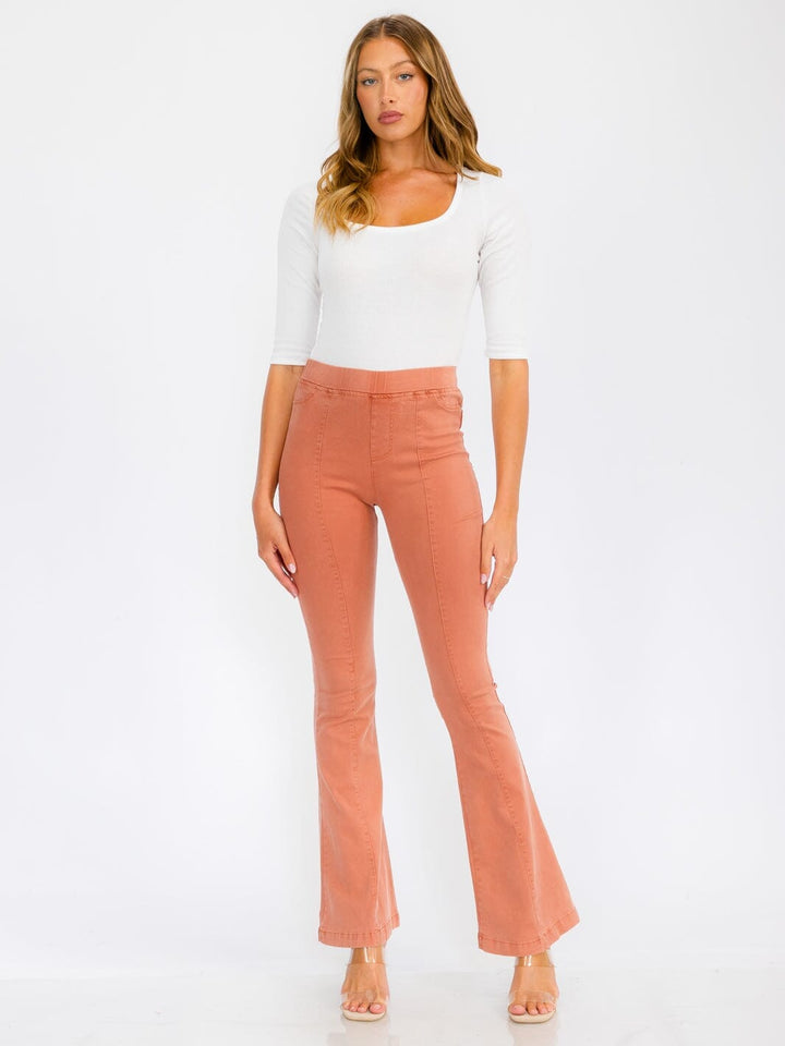 WOMEN'S ELASTIC WAIST BACK POCKETS BELL BOTTOM PANTS