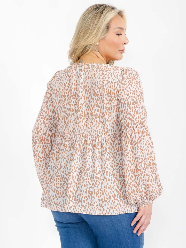 PLUS SIZE LONG SLEEVE V-NECK TUNIC ANIMAL PRINT BLOUSE