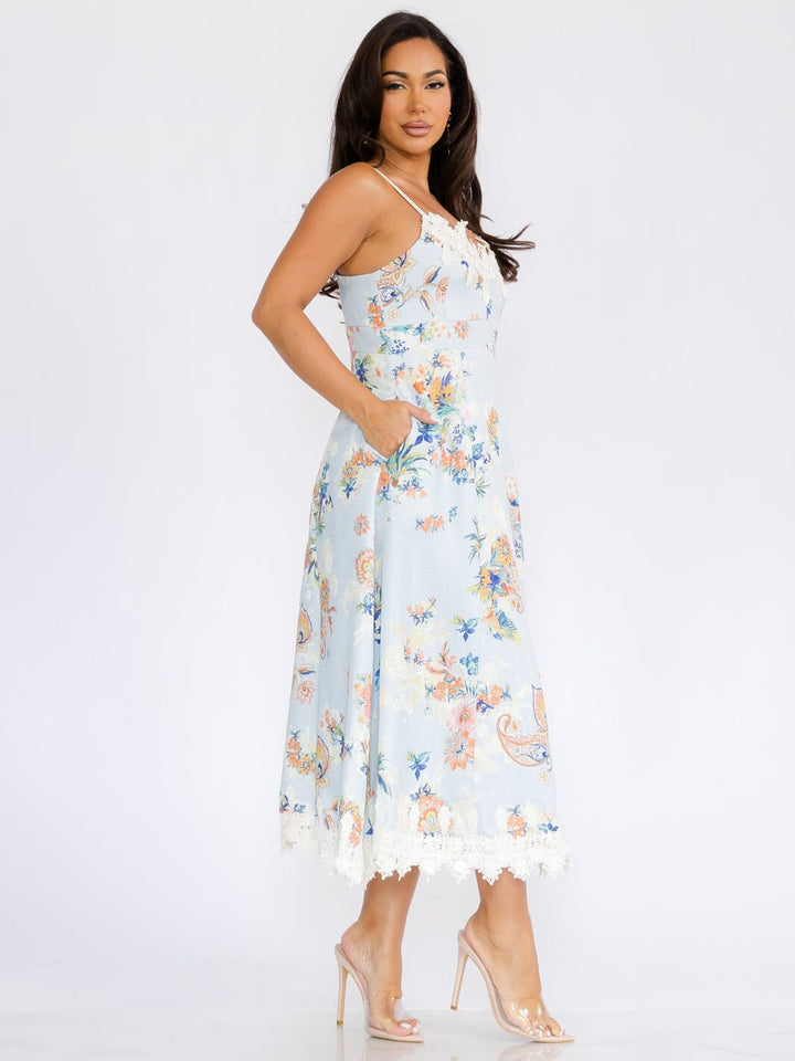 WOMEN'S SLEEVELESS EMBROIDERY TRIM FLORAL PRINT MAXI DRESS