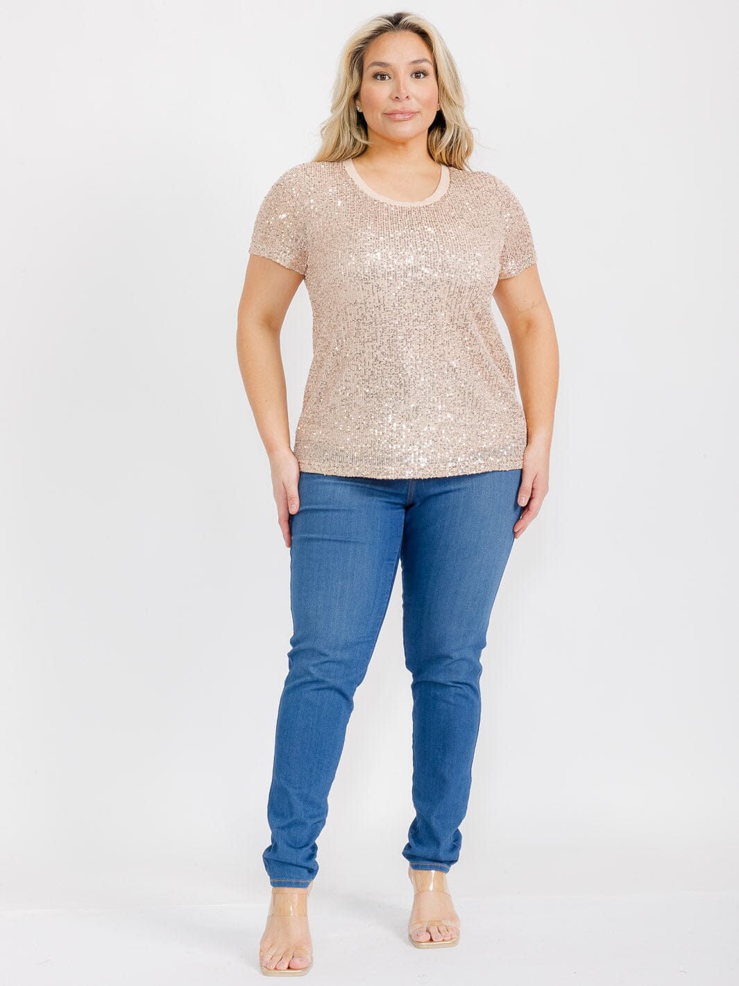 PLUS SIZE SHORT SLEEVE SEQUINS BLOUSE