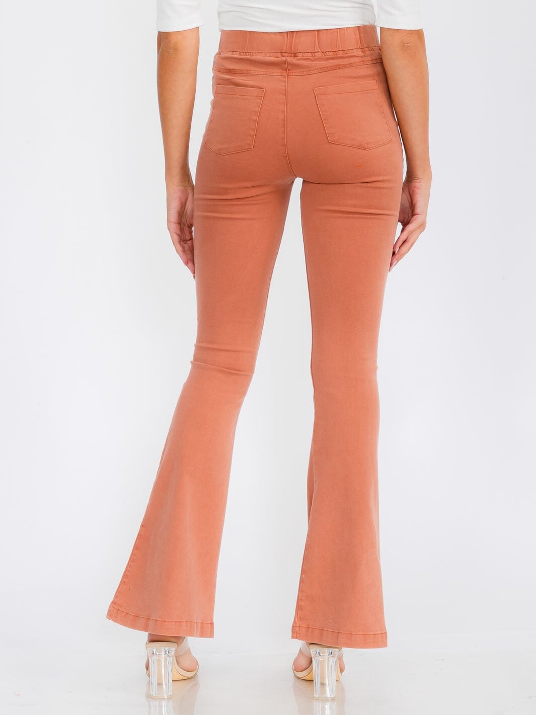 WOMEN'S ELASTIC WAIST BACK POCKETS BELL BOTTOM PANTS