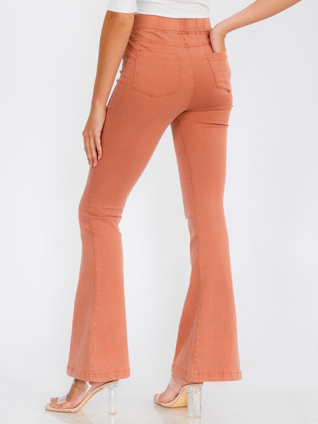 WOMEN'S ELASTIC WAIST BACK POCKETS BELL BOTTOM PANTS