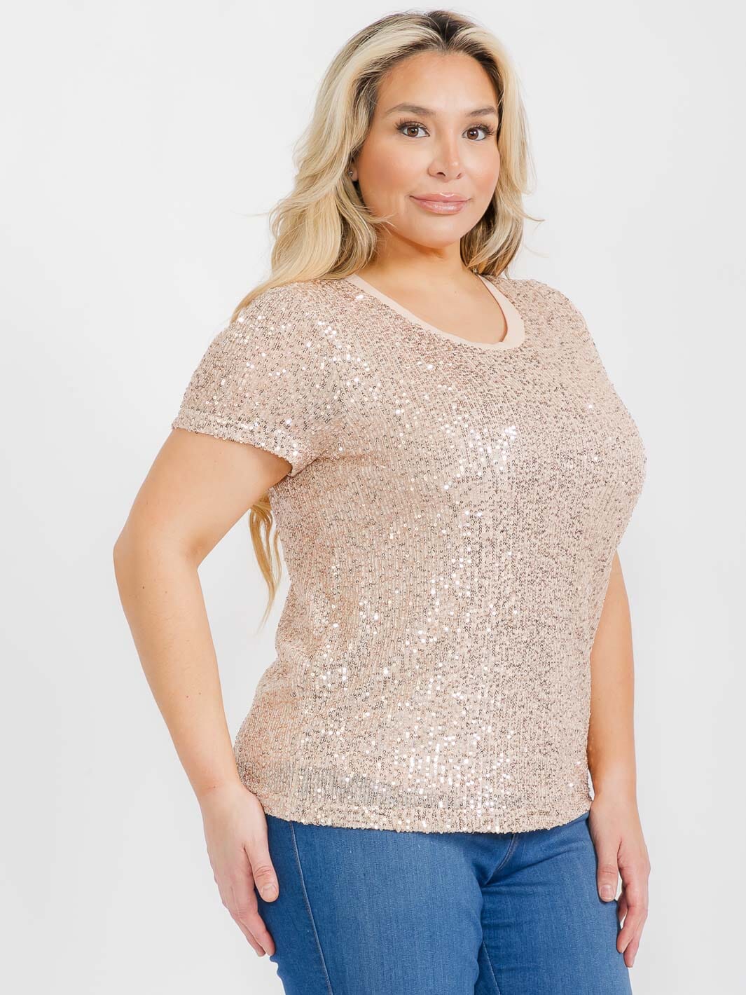 PLUS SIZE SHORT SLEEVE SEQUINS BLOUSE
