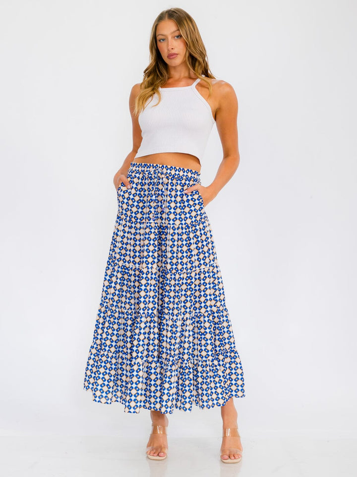 WOMEN'S ELASTIC WAIST TIERED POCKETS MULTI PRINT MAXI SKIRT