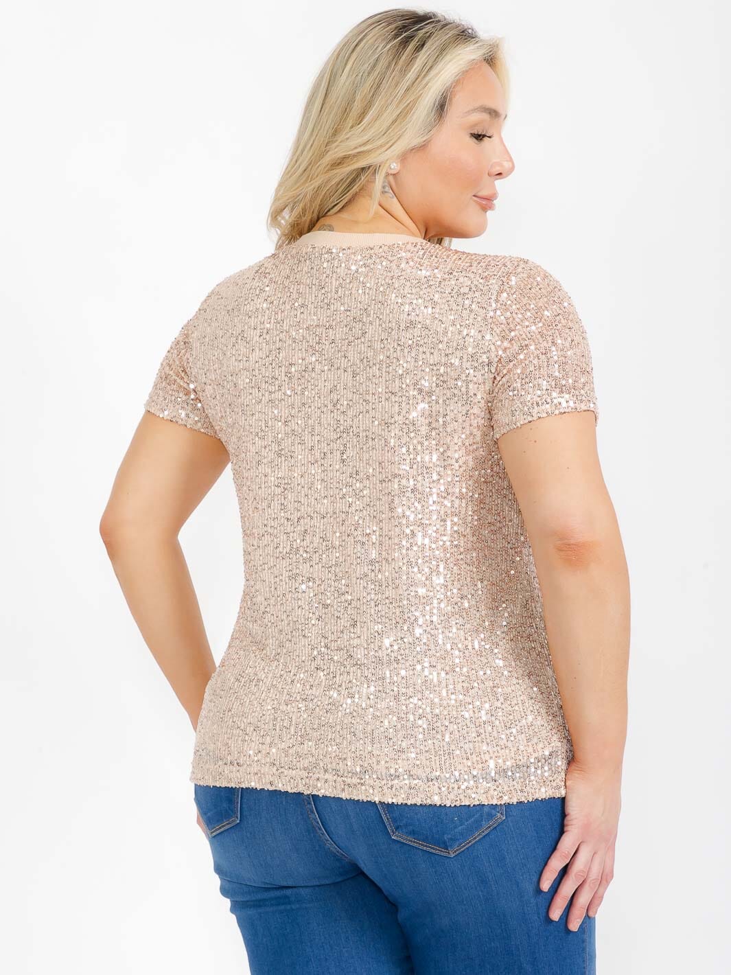 PLUS SIZE SHORT SLEEVE SEQUINS BLOUSE