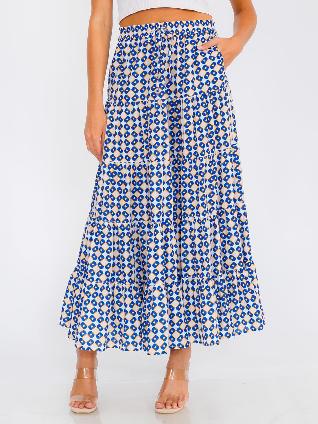 WOMEN'S ELASTIC WAIST TIERED POCKETS MULTI PRINT MAXI SKIRT