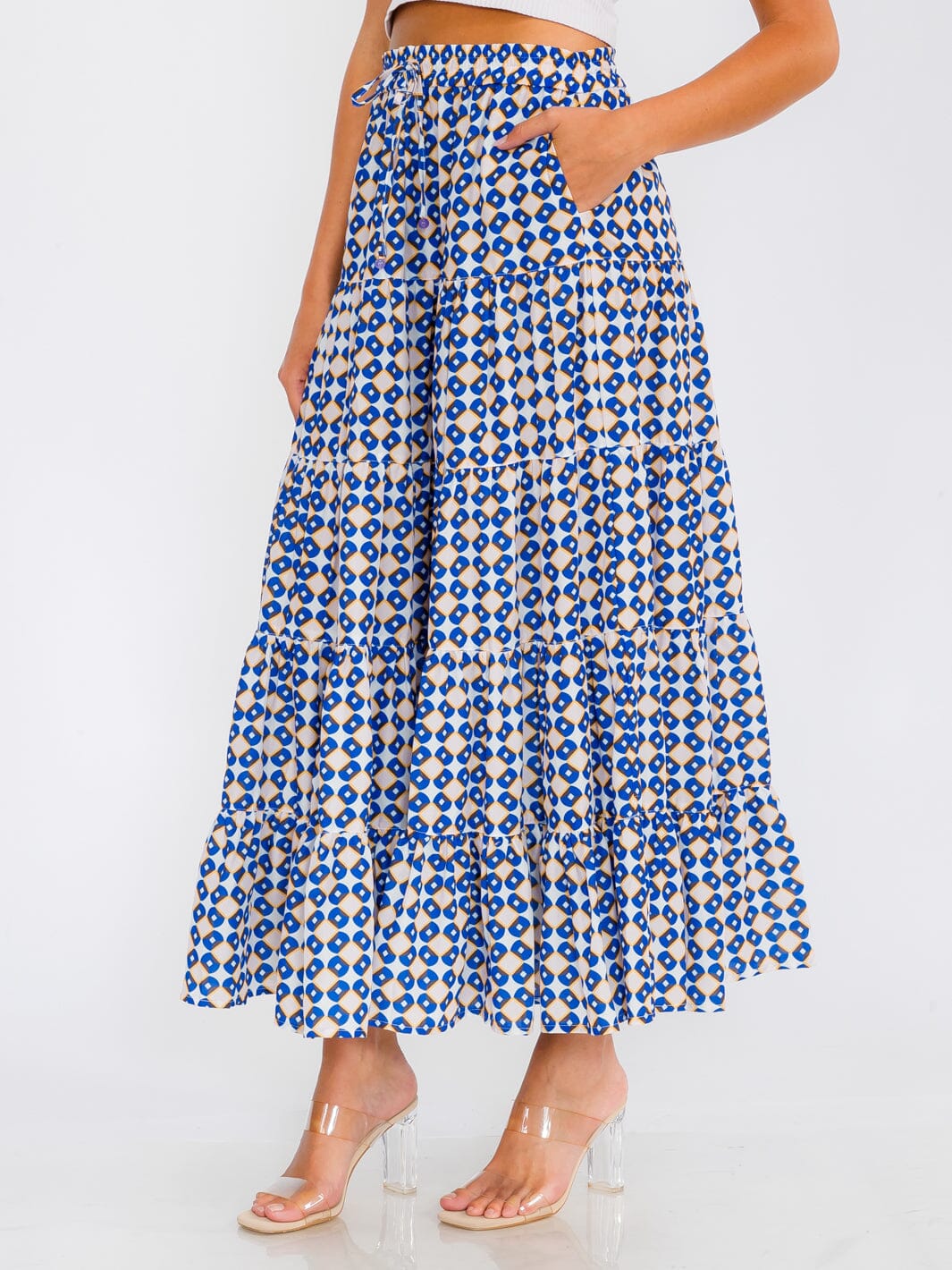 WOMEN'S ELASTIC WAIST TIERED POCKETS MULTI PRINT MAXI SKIRT