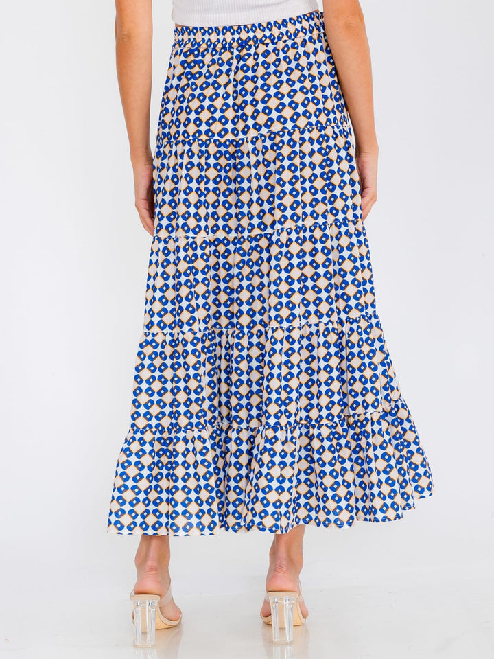 WOMEN'S ELASTIC WAIST TIERED POCKETS MULTI PRINT MAXI SKIRT