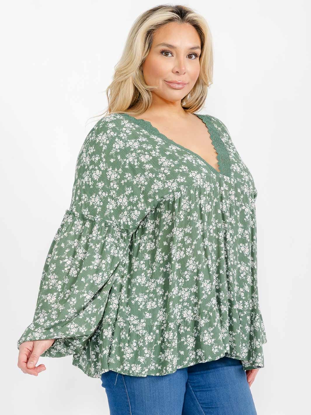 PLUS SIZE LONG SLEEVE V-NECK TRIM DETAILED FLORAL TUNIC BLOUSE