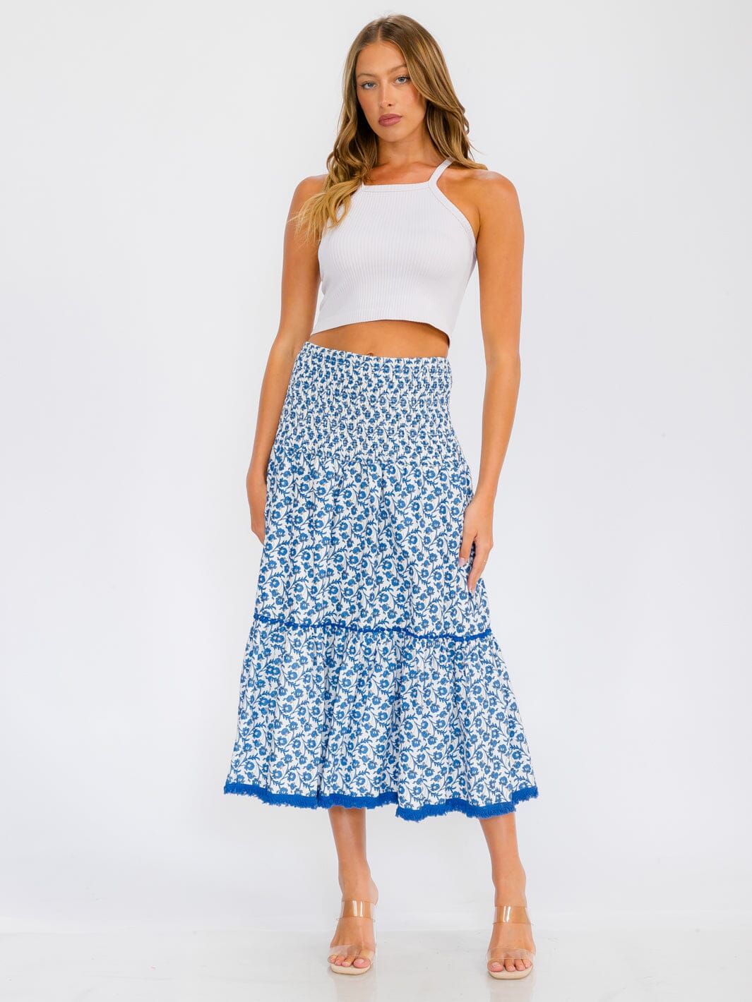 WOMEN'S SMOCK WAIST TIERED FLORAL MAXI SKIRT