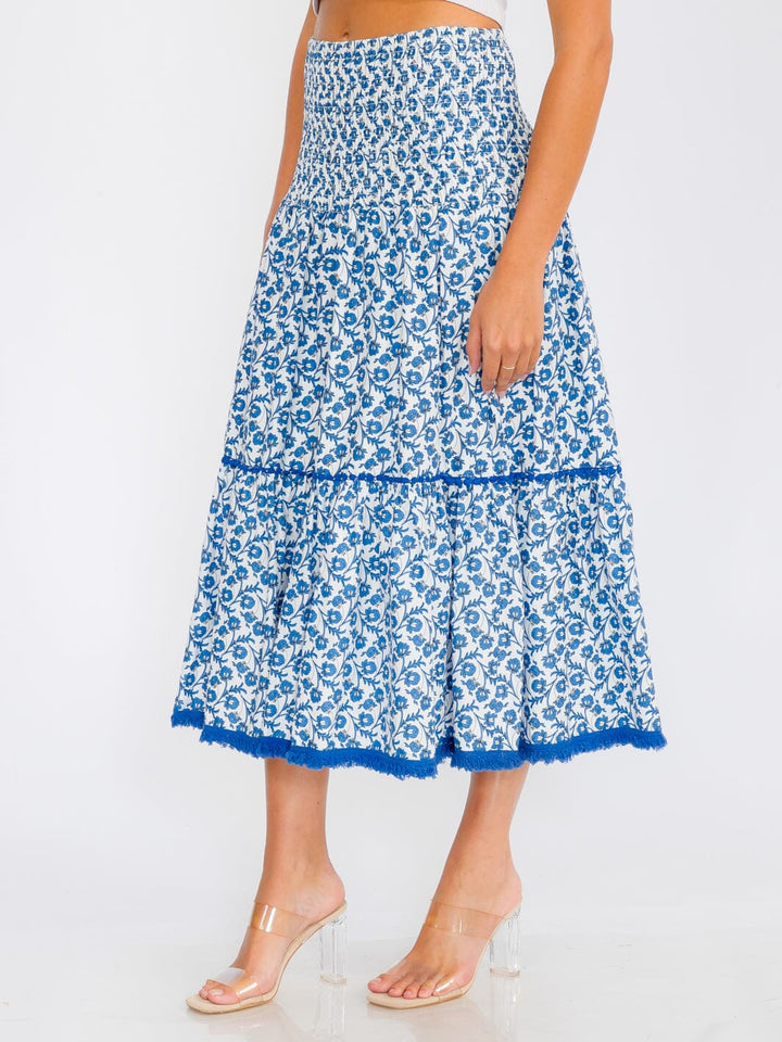 WOMEN'S SMOCK WAIST TIERED FLORAL MAXI SKIRT