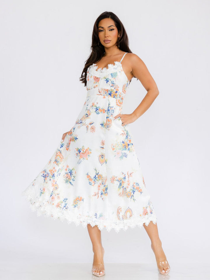 WOMEN'S SLEEVELESS EMBROIDERY TRIM FLORAL PRINT MAXI DRESS