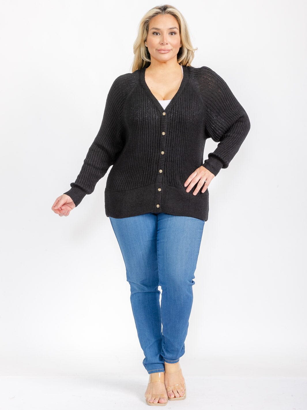 PLUS SIZE LONG SLEEVE BUTTON CLOSURE KNIT SWEATER CARDIGAN