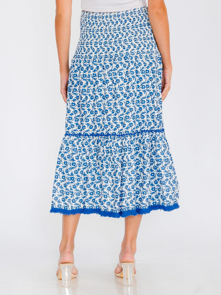 WOMEN'S SMOCK WAIST TIERED FLORAL MAXI SKIRT