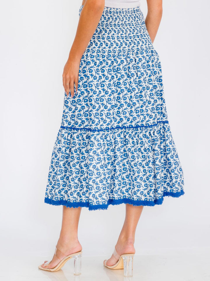 WOMEN'S SMOCK WAIST TIERED FLORAL MAXI SKIRT