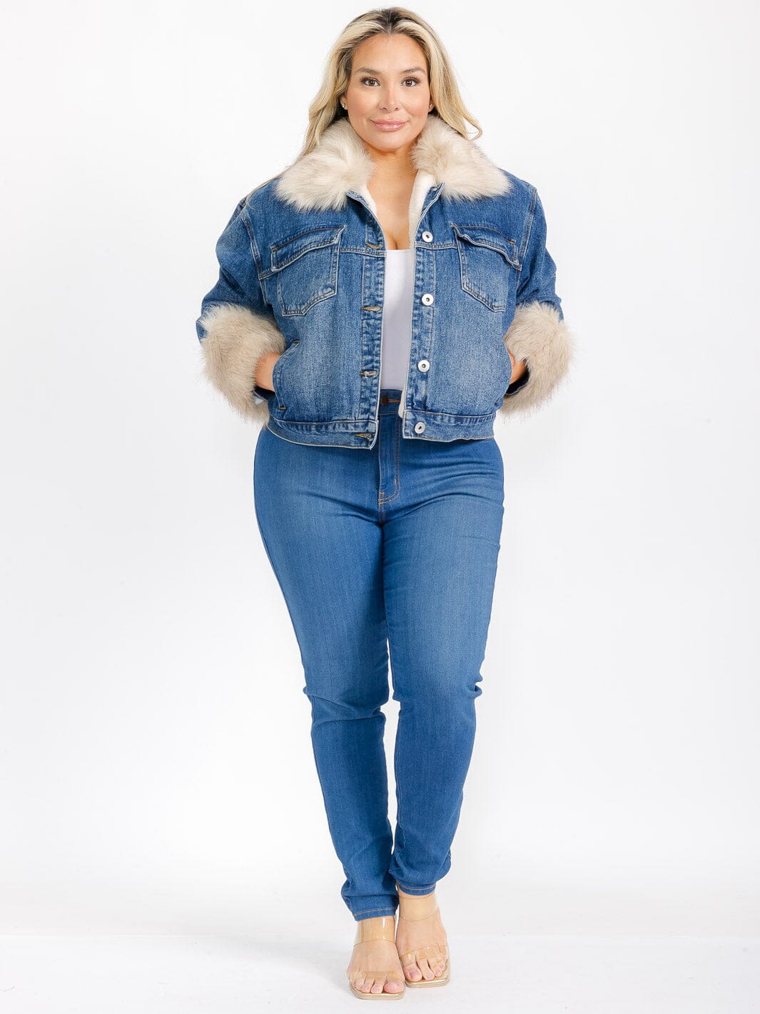 PLUS SIZE LONG SLEEVE BUTTON CLOSURE REMOVABLE FAUX FUR LINING DENIM JACKET