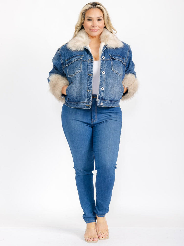 PLUS SIZE LONG SLEEVE BUTTON CLOSURE REMOVABLE FAUX FUR LINING DENIM JACKET