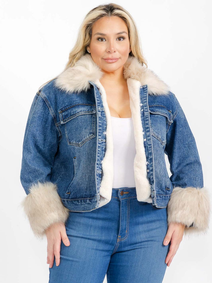 PLUS SIZE LONG SLEEVE BUTTON CLOSURE REMOVABLE FAUX FUR LINING DENIM JACKET
